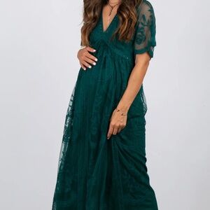Forest Green Lace Mesh Overlay Maternity Maxi Dress